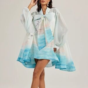 Designer-Style Blue and White Bow Dress